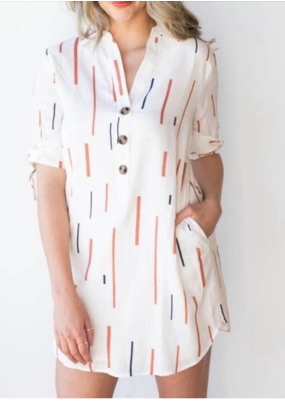 Lush Nordstrom Short Sleeve Mini Shirt Dress White Rust Abstract Print S